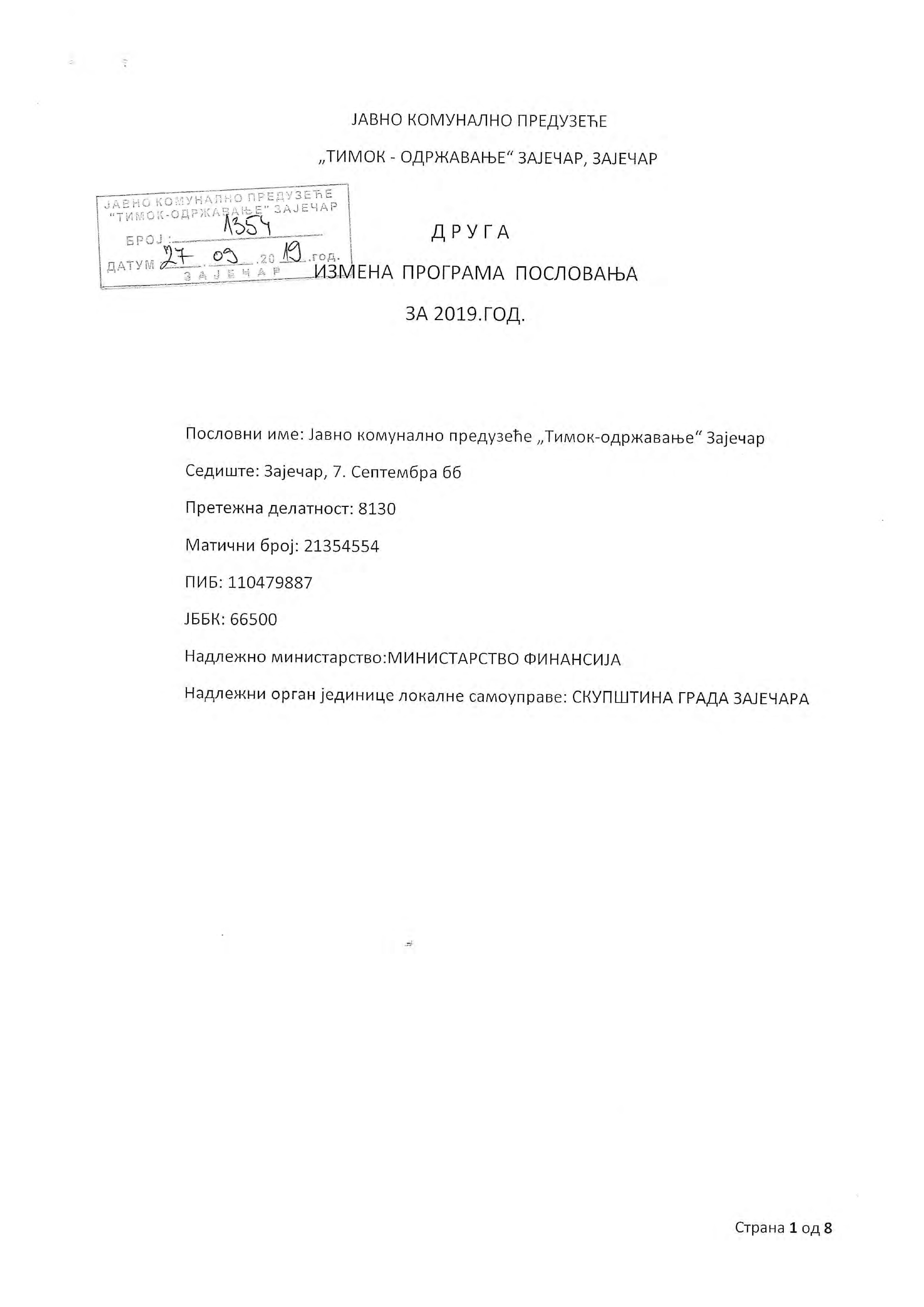 Druga izmena programa poslovanja za 2019.