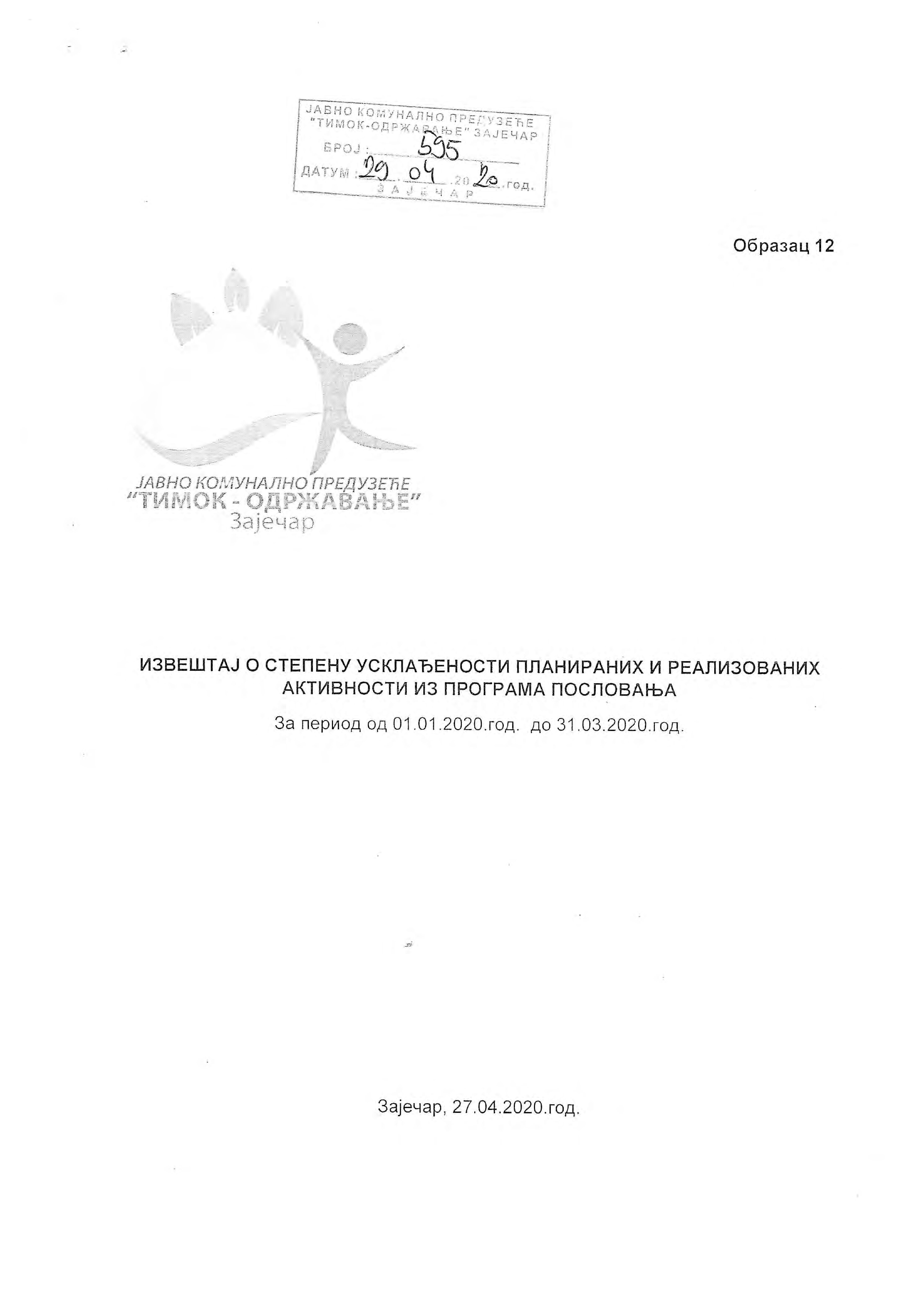 Izveštaj o stepenu uskladjenosti od 1.1.2020. do 31.3.2020.