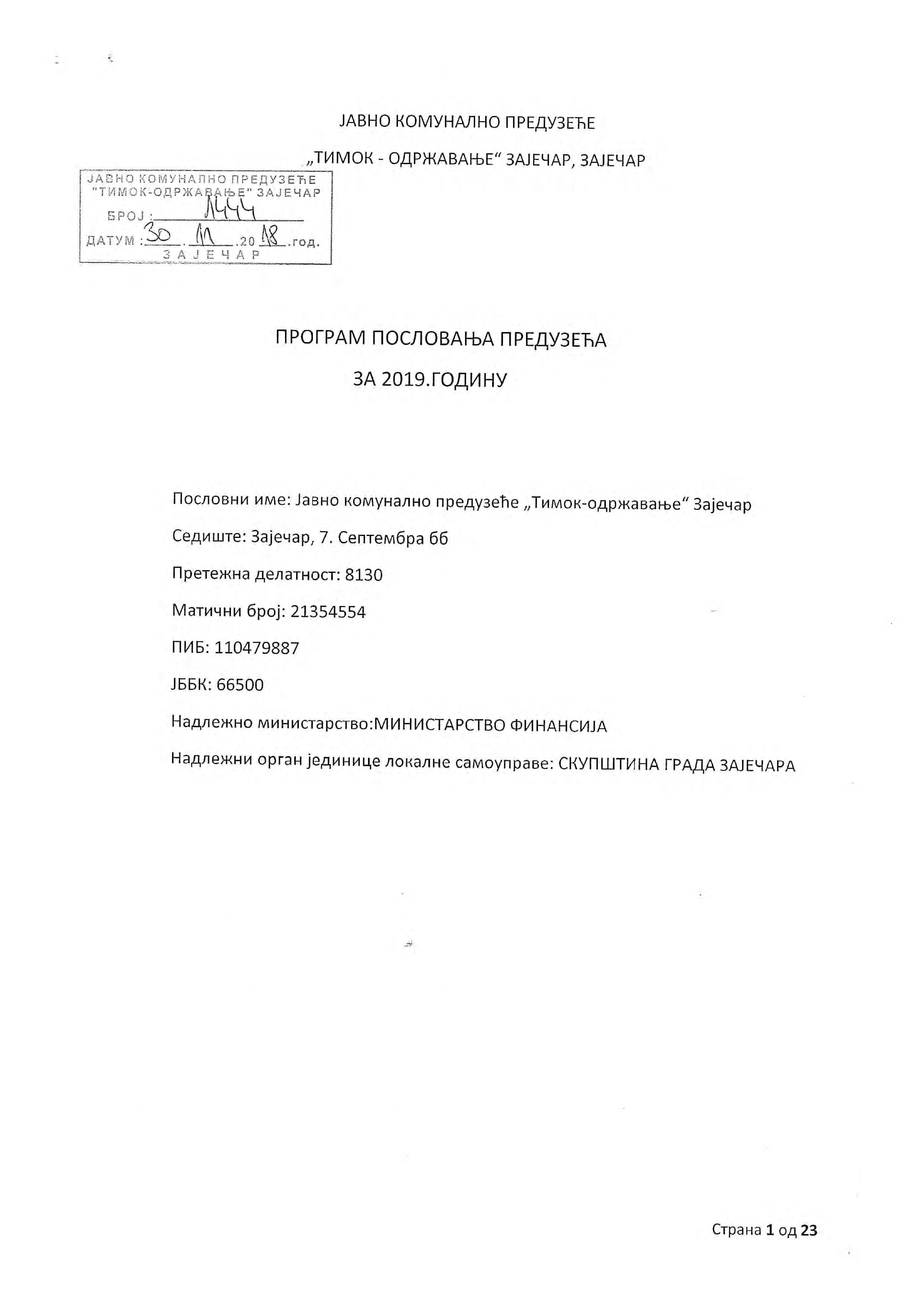 Program poslovanja za 2019. godinu