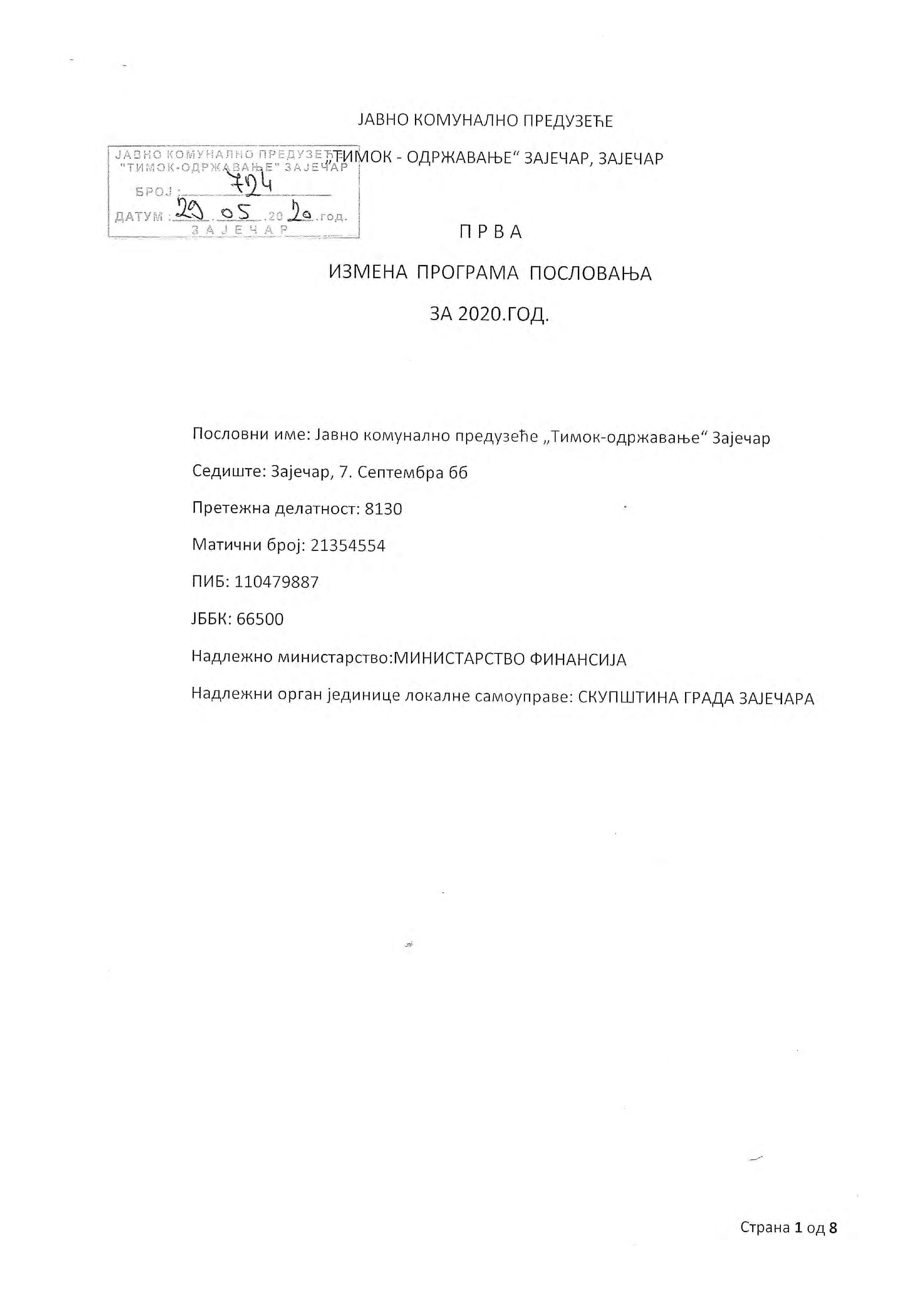 Prva izmena programa poslovanja